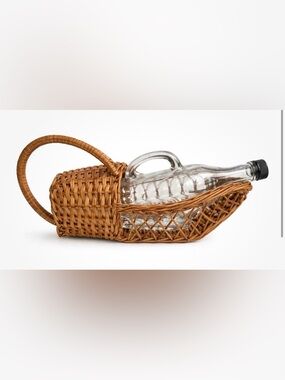 Vintage Handwoven Wicker Wine Bottle Holder Farmhouse W/ Glass Bottle c.1966